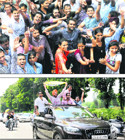 Supporters celebrate the partys victory by dancing to the tune of rocking numbers and driving swanky cars on the campus