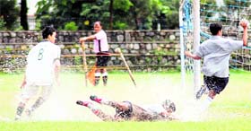 A match between Col Brown School (in white) and Doon School (in grey) in the Senior Council Football Tournament in Dehradun on Friday.