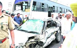 The mangled remains of a car after the accident on the GT Road near Pathankot Bypass Chowk in Jalandhar 