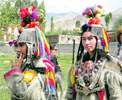 Local women in traditional dress during the Ladakh festival in Leh on Friday.