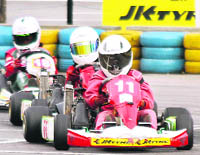 Abhirath Shetty leads in the JK Tyre Karting Championship in Hyderabad on Saturday. 