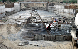 A view of the under-construction railway under bridge on the Bathinda-Mansa road