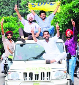 Supporters of SOPU celebrate their victory in the PU student council elections