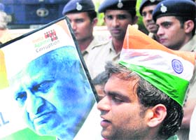 Members of the Art of Living stage a protest near Parliamentary Affairs Minister Pawan Bansal’s residence in Sector 28, Chandigarh