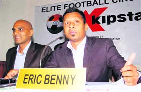 Eric Benny (right), former Indian football team manager, and Yogesh Maurya, former US footballer, at a press conference in Dehradun on Sunday