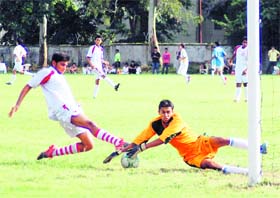 A match between Doon International School (in white) and The Doon School (in yellow) in the RIMC Soccer Cup in progress in Dehradun on Sunday