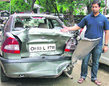 A badly smashed car that met with an accident in Ludhiana on Sunday
