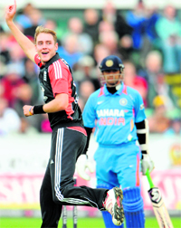 Stuart Broads appeal against Rahul Dravid is upheld by the umpire in the first ODI in Chester-le- Street on Saturday
