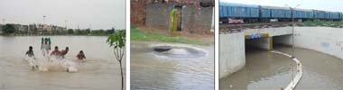 (Left) The heavy downpur turned some areas into a swimming pool like in Model Town Phase-III in Bathinda where kids had a splash on Monday; an open manhole (above) on a road in Model Town Phase-III; and an inundated railway underbridge after the showers lashed Mansa