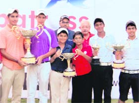 Winners of the All-India Albatross Inter-School Golf Tournament strike a pose with their trophy. Jaideep Singh and Karandeep Kochar of St Johns School win medals in individual and team events of the competition. 