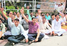 Civic body employees hold a protest in Dehradun on Monday. 