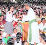 Students of St Josephs Academy felicitate a teacher at a Teachers Day function in Dehradun on Monday.