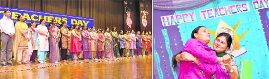 Teachers of KVM school sing a song to celebrate Teacher’s Day; and (right) students take part in a cultural programme in Ludhiana on Monday