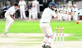 A GNPS-36 batsman plays a shot during a match of the BTS Cup Cricket Tournament for Boys (U-14) at Banyan Tree School in Sector 48 of Chandigarh on Tuesday.