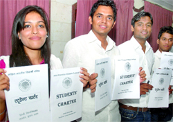 The ABVP candidates pose with the party manifesto in New Delhi on Tuesday