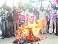 Members of the Unemployed Linemen Union burning an effigy of the state government in front of the District Administrative Complex in Jalandhar on Tuesday.