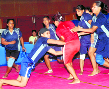 Girls in action during a kabaddi match in Chandigarh on Wednesday