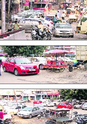 (From top) Vehicles and illegal rehris on the road leading to Bhadaur House area make it difficult for one to commute