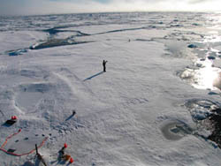 A member of a team of Cambridge scientists trying to find out why Arctic sea ice is melting so fast, walks on some drift ice 800 km from the North Pole on September 3, 2011. 