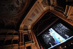 Dancers perform their dance on the stage of the Hungarian State Opera in Budapest on September 6, 2011 during the dress rehearsal of Maurice Ravels Bolero, choreographed by Spanish Flamenco dancer Lola Greco, prior to a world premiere with a 3D projected background.