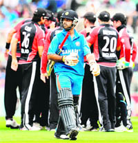 Ajinkya Rahane departs after being dismissed for a duck in the third ODI against England at The Oval in London on Friday.  Reuters