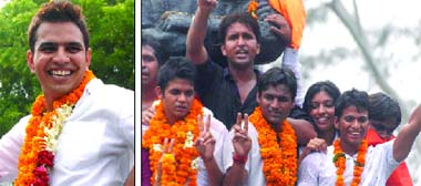 VICTORS ALL: NSUI candidate Ajay Chikara (L), ABVP candidates Vikas Chowdhary, Vikas Yadav and Deepak Bansal celebrate their victory in the DUSU elections in New Delhi on Saturday