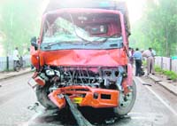The truck that collided with a motorcycle and jeep near Subhanpur on Saturday.