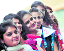 Girls during a freshers party at the GNIMT in Ludhiana on Saturday