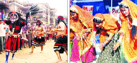 A demonic dance is performed during the Hill Jatra festival in Kumoar village near Pithoragarh; and (right) women perform a traditional dance