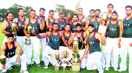 Players of PAP zone in a jubilant mood after winning the overall trophy of the 55th Inter-Zone Punjab Police Games in Jalandhar on Sunday