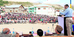 Chief Minister Omar Abdullah addresses a public meeting at Drass in Kargil district on Sunday