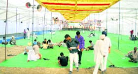 An empty 'pandal' of a political party at Mela Chhappar on Sunday.