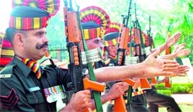 Army personal during the commemoration ceremony at the Black Elephant Cenotaph in Patiala on Sunday.