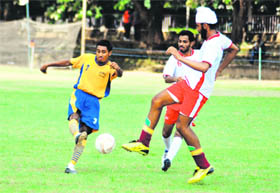 A football match between BAM Khalsa College, Garhsankar, and GNN College, Doraha, in progress at Panjab University, Chandigarh, on Monday.