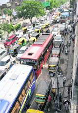 Traffic jam at Bharat Nagar Chowk in Ludhiana on Monday.