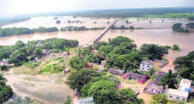 An aerial view of a flood affected village in Kendrapada district in Orissa