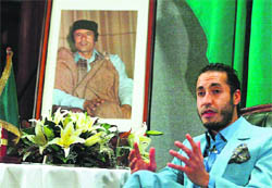 Saadi Gaddafi addresses a press conference in Sydney in this photo dated Feb 7, 2005. 