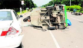 The car, auto-rickshaw and motorcycle which were involved in an accident near the Matka Chowk on the road separating Sectors 16 and 17 in Chandigarh on Tuesday.