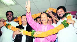 Chief Minister BC Khanduri is greeted on his visit to the BJP state headquarters in Dehradun on Tuesday.