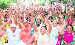 Members of the All Punjab Anganwari Mulazam Union stage a protest at DC office in Amritsar on Wednesday.