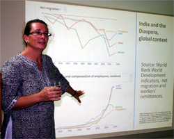 An international expert on migration studies Dr Margaret Walton-Roberts delivers a lecture at the Central University of Punjab in Bathinda on Wednesday