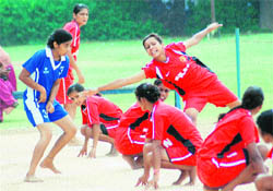 Players in action during a kho-kho match at Panjab University, Chandigarh, on Wednesday. 