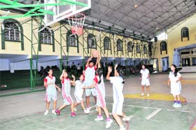 Players in action in a match in the Gardner Inter-School Basketball Tournament being played in Dehradun on Wednesday