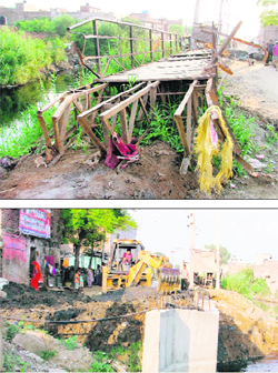 Wooden bridge over the Budha Nullah dismantaled and (below) a JCB mechine removing earth at New Chander Nagar for constructing a new bridge in Ludhiana