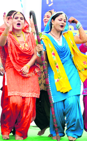 Girls perform gidha during a talent hunt competition for Punjabi University Zonal Youth Festival at Multani MaL Modi college in Patiala on Tuesday