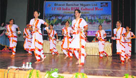 Students give a performance during the inaugural ceremony of the BSNL Cultural Meet in Kurukshetra. 