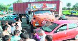 Two cars and a truck which met with an accident on the Panchkula-Ramgarh road near Majri chowk