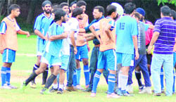Players of PU team,Chandigarh, and Khalsa College, Mahilpur, enter into a scuffle during the ongoing inter-college tournament at Post Graduate College, Sector 11, Chandigarh