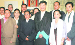 Members of the Tibetan Parliament-in-exile with their Prime Minister, Dr Lobsang Sangay (centre), after taking oath at McLeodganj 