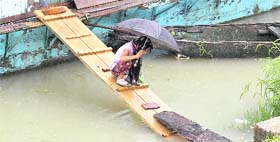 A girl, carrying an umbrella, crosses a makeshift pathway from her houseboat on the Jhelum to the shore during rain in Srinagar on Friday.